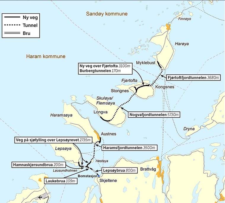 Oversikt over broer og tunneler i Nordøyvegen.